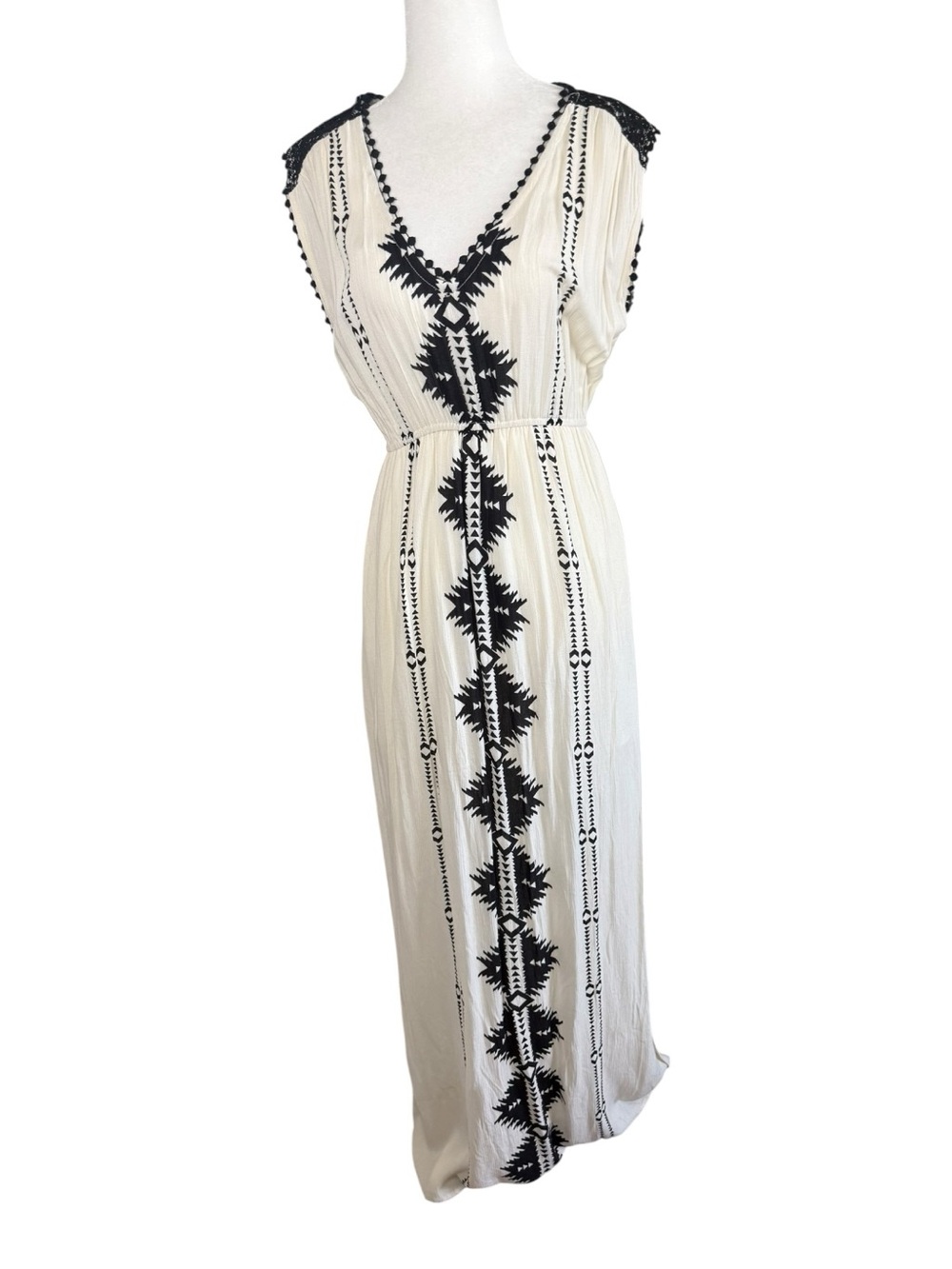 Taylor & Sage Cream Maxi Dress with Black Embroidery